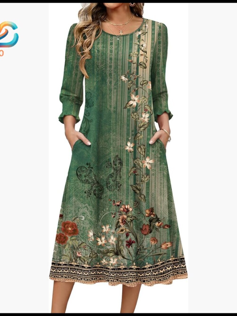 Floral Midi Dress with Pockets, 3/4 Sleeve, Casual Summer Wear